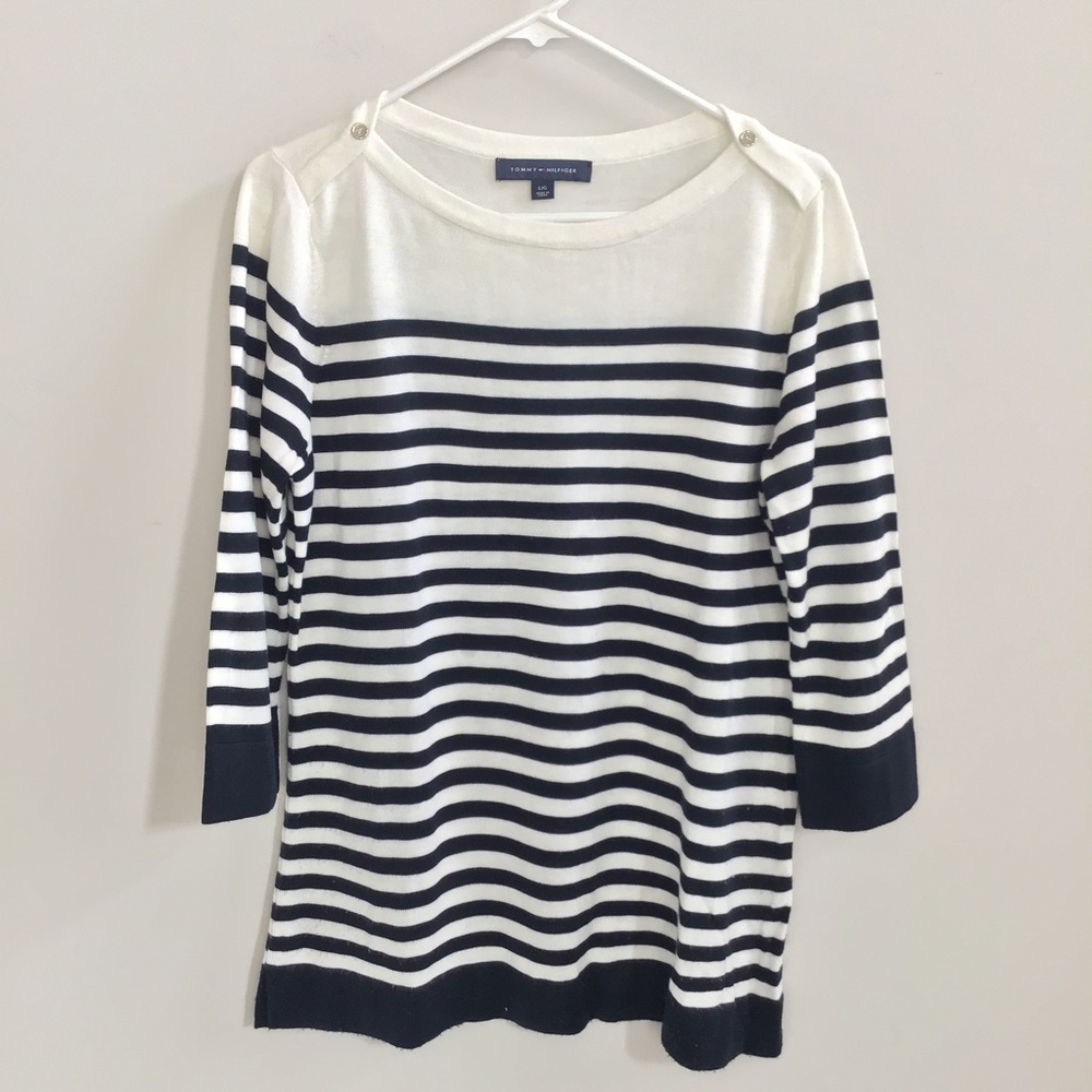 Tommy Hilfiger Blue and White Stripe Sweater Size Large NWOT
